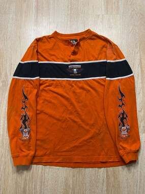 Biker Design Long Sleeve Henley Shirt Size XL Orange Black Flame Biker